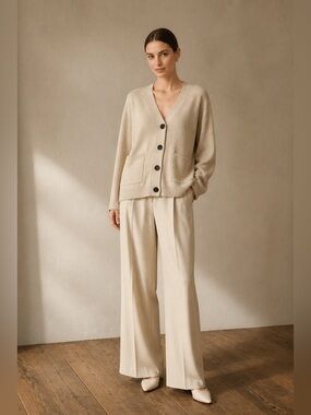 BTFBM Womens Medium Beige Knit Cardigan Button Front Oversized V-Neck NWT